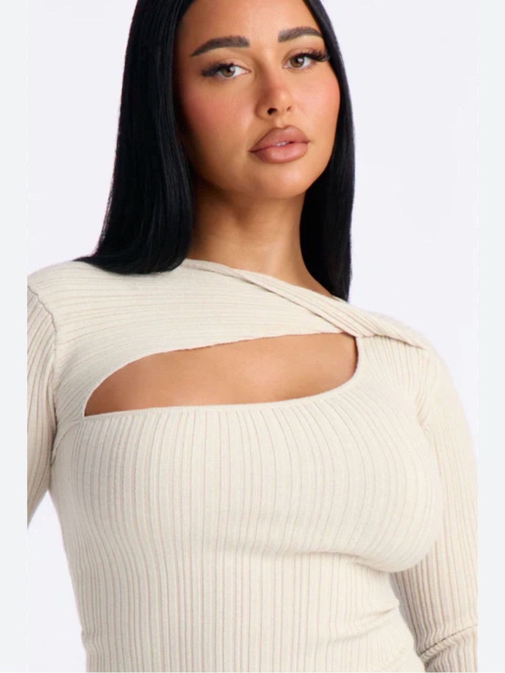 Princess Polly Cream Ribbed Cutout Long Sleeve Top